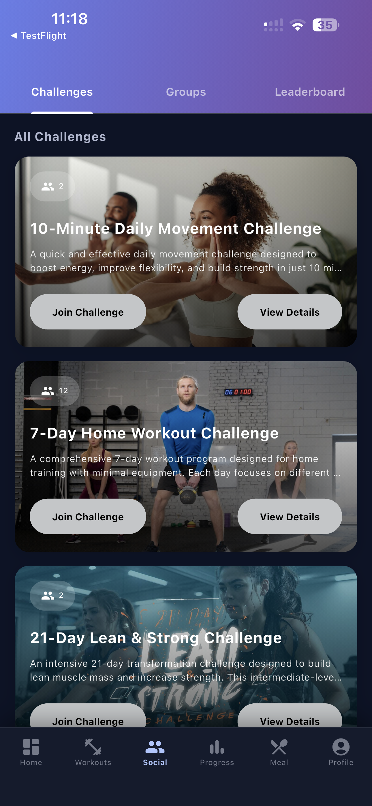 Workout Wire challenges screen