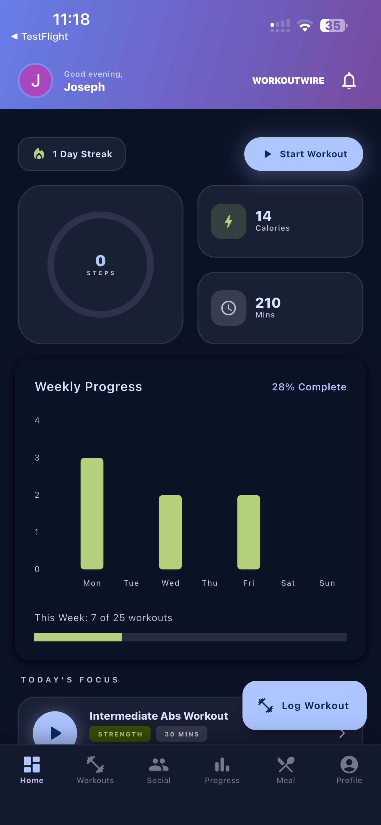 Workout Wire home dashboard