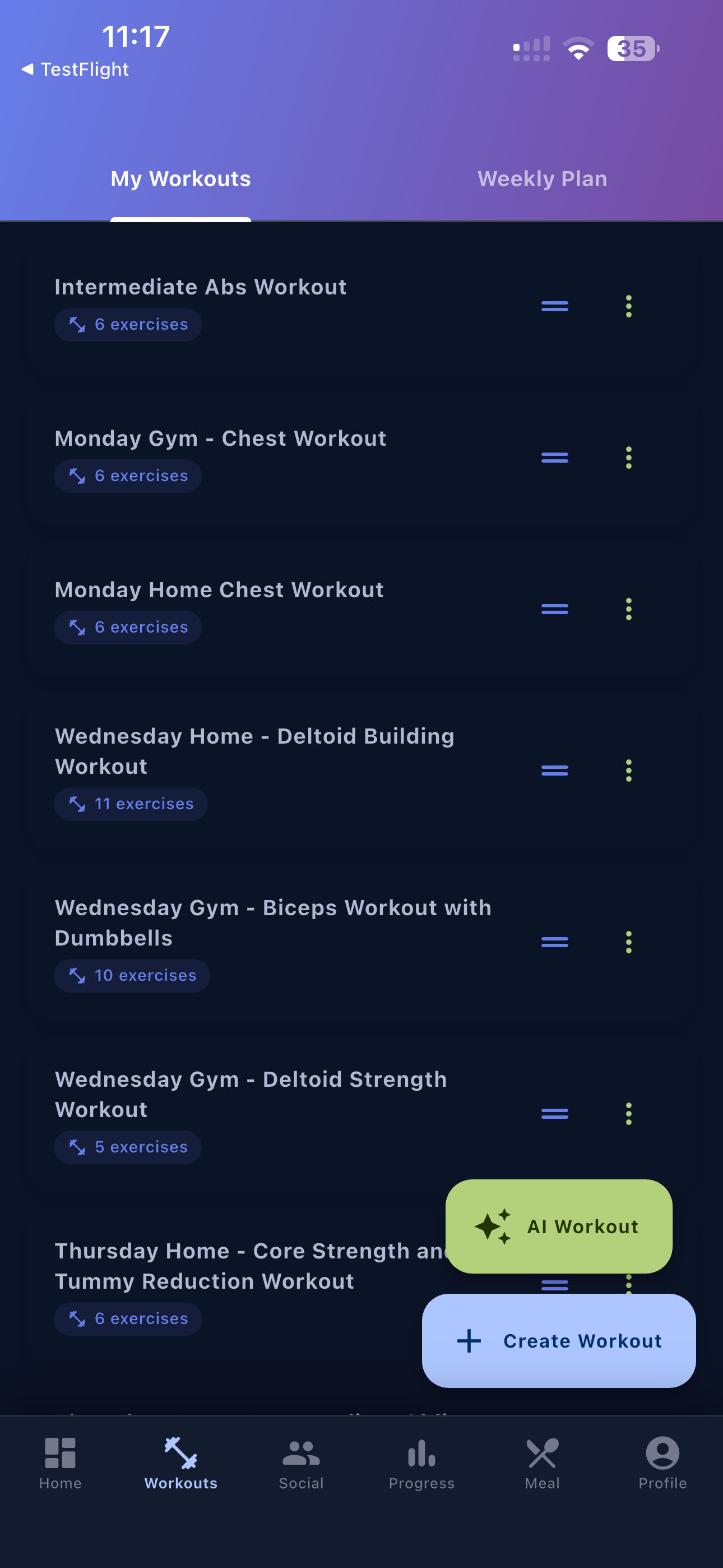 Workout Wire workout list screen — exercise sets, reps and rest timer