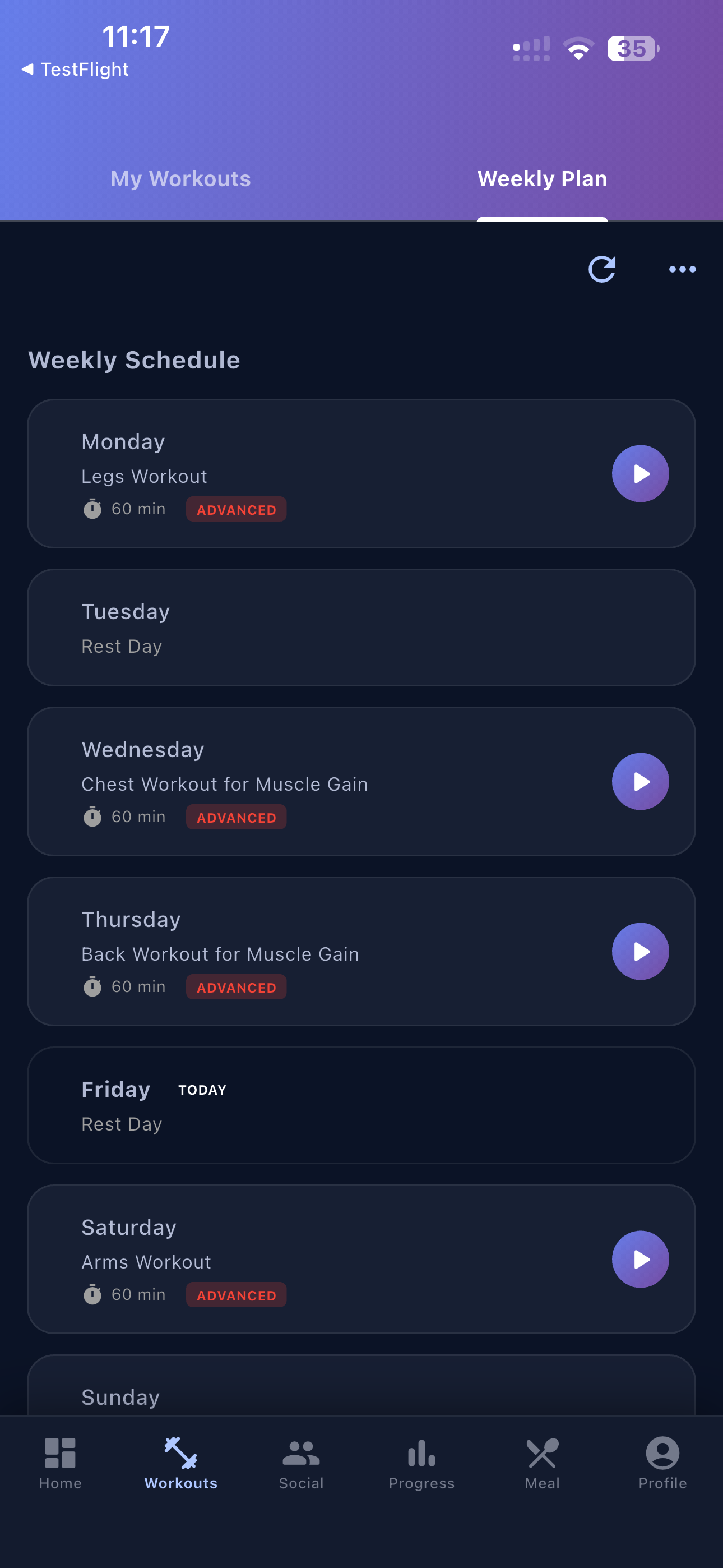 Workout Wire weekly plan screen — AI-generated 7-day workout schedule
